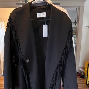 100% wool Silk Maison NWT fringe black coat with tie belt